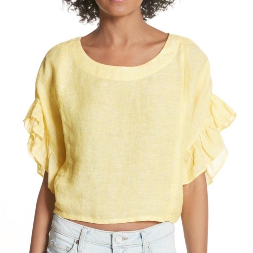 Joie Yellow Ruffle-Sleeve Linen Crop Top